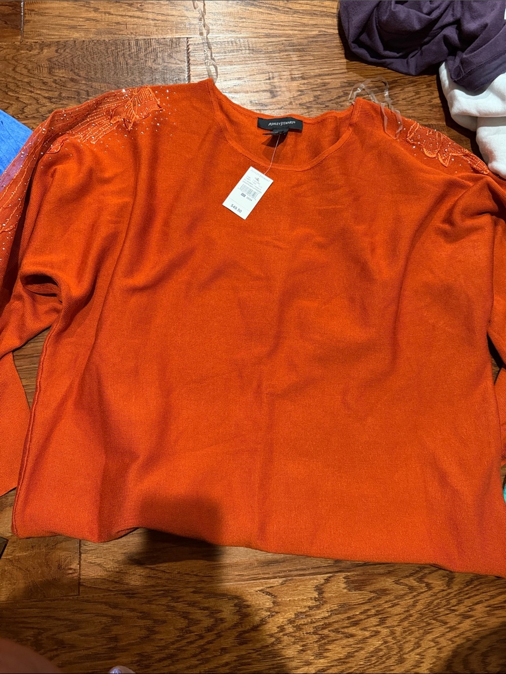 Ashley Stewart Orange Beaded Crewneck Sweatshirt